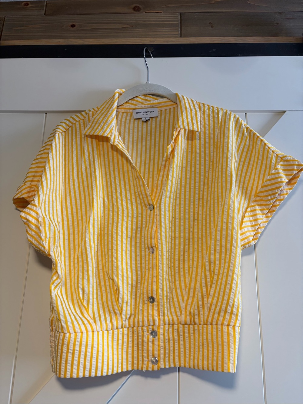 Marimekko Yellow and White Striped Short-Sleeve Button-Down Top